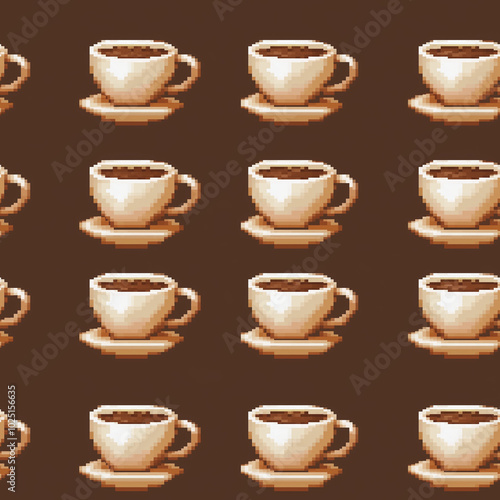 Retro 8-bit pixel style illustration - seamless pattern of coffee cups