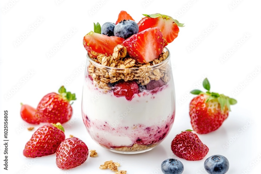 A glass of yogurt topped with fresh strawberries and blueberries, perfect for breakfast or snack A glass of yogurt topped with fresh strawberries and blueberries, perfect for breakfast or snack
