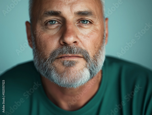 Portrait of a mature man with gray hair and a serious expression, wearing a green sweater