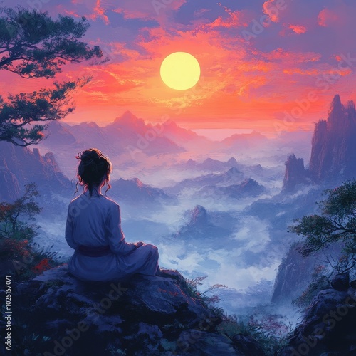 Tranquil Sunset Meditation in Mystical Mountain Landscape