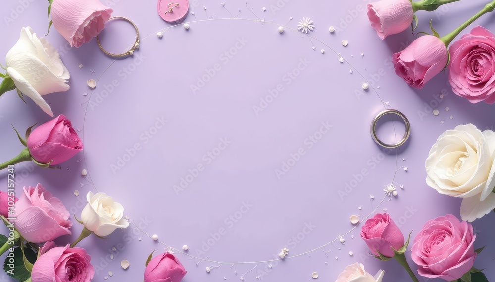 Wedding ring and other stuff on Solid lavender color background, Wedding ring and other stuff on Solid lavender color background,