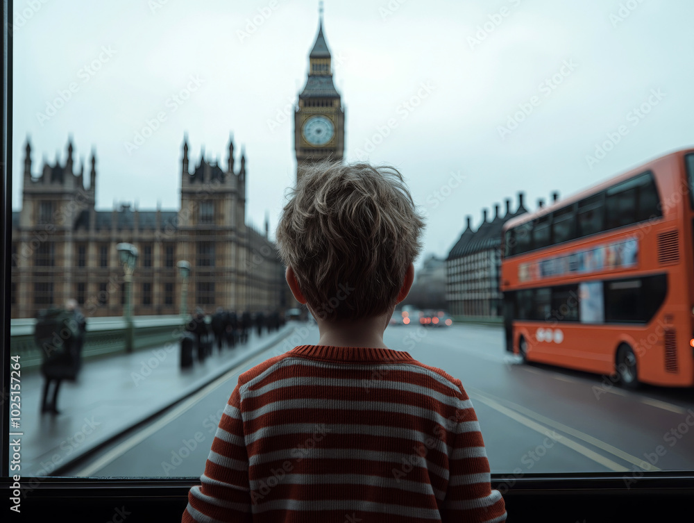 Obraz premium Child looking out of a window at Big Ben and a double-decker bus in London, capturing travel and curiosity