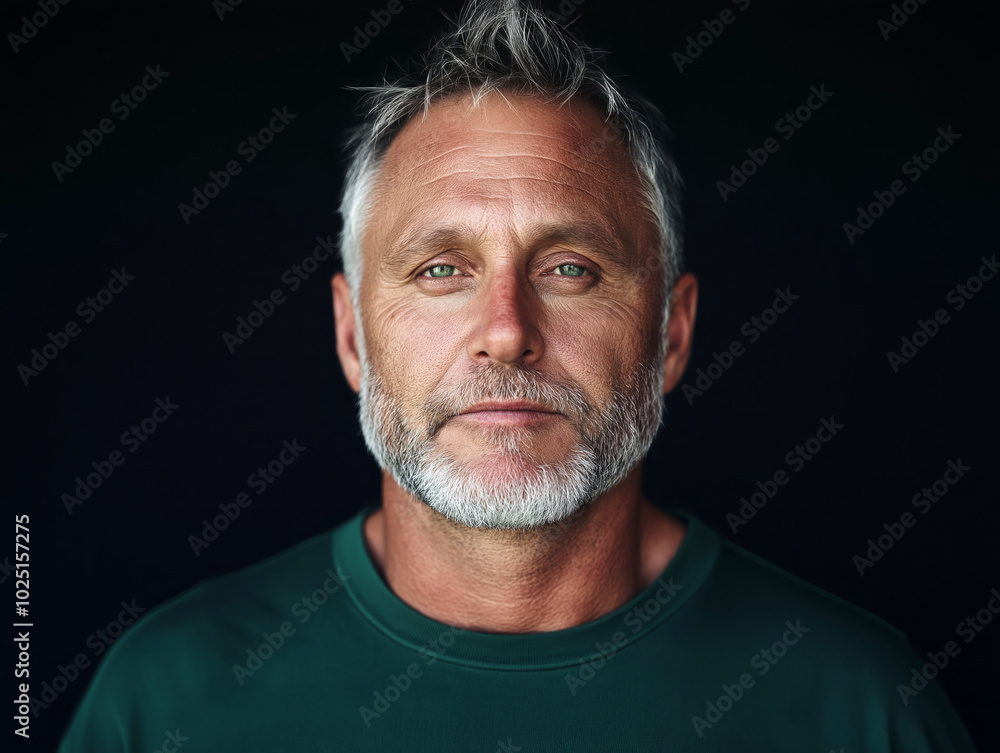Obraz premium Portrait of a mature man with gray hair and a serious expression, wearing a green sweater