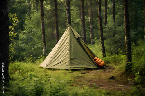 product photo of a tent in nature in siberia, camping tent in siberia