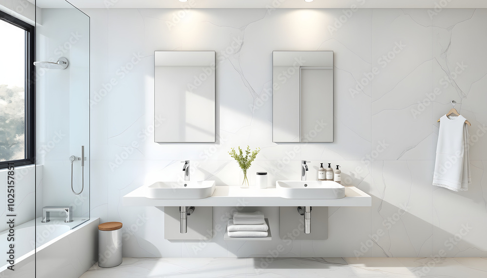 Luxury home bathroom interior with double sink and bathing accessories, closeup isolated with white highlights, png Luxury home bathroom interior with double sink and bathing accessories, closeup isolated with white highlights, png