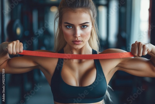 A woman wearing a black sports bra holds a red band, ready for an active or athletic event