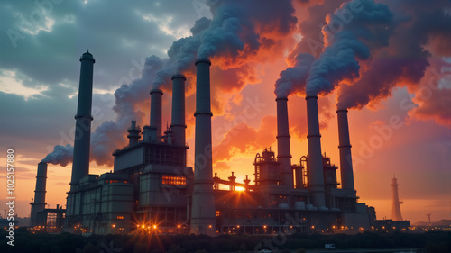 A dramatic sunset illuminates a power plant, with smoke billowing from its towering chimneys. This image is ideal for discussions on energy production, industrial landscapes, and environmental issues