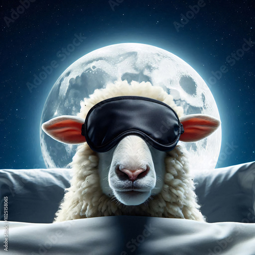 A fluffy sheep wearing a blue sleep mask rests peacefully under a full moon. Generative AI.