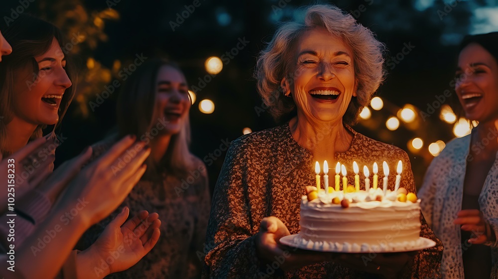 A senior woman laughing with her friends, holding a birthday cake with candles, while her friends clap and cheer in celebration at a lively gathering A senior woman laughing with her friends, holding a birthday cake with candles, while her friends clap and cheer in celebration at a lively gathering