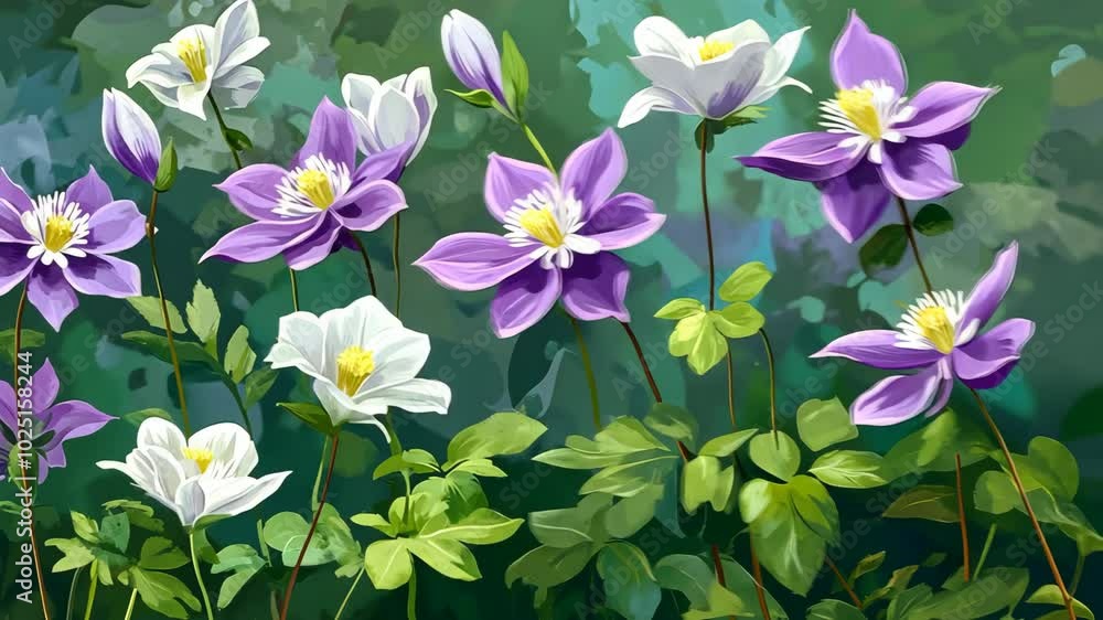 Purple and white flowers bloom in a lush garden on a sunny day Purple and white flowers bloom in a lush garden on a sunny day