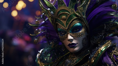 Join the Mardi Gras festivities as a girl, adorned in a cultural carnival costume and mask, dances joyfully on a sunny day among the vibrant crowd.