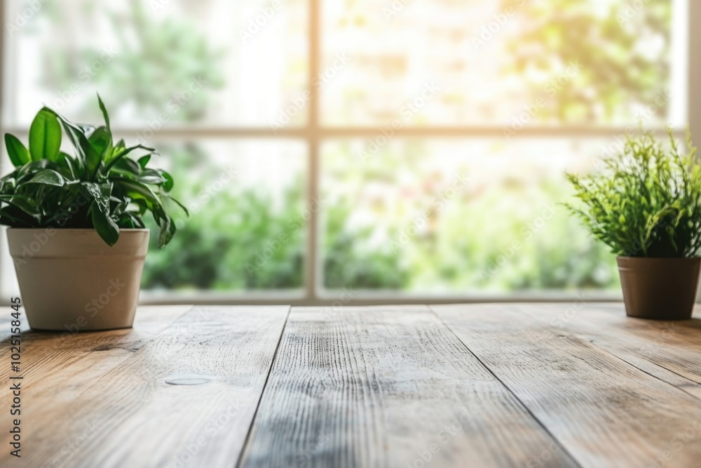 Fototapeta premium Indoor plants on a wooden table near a window with natural light