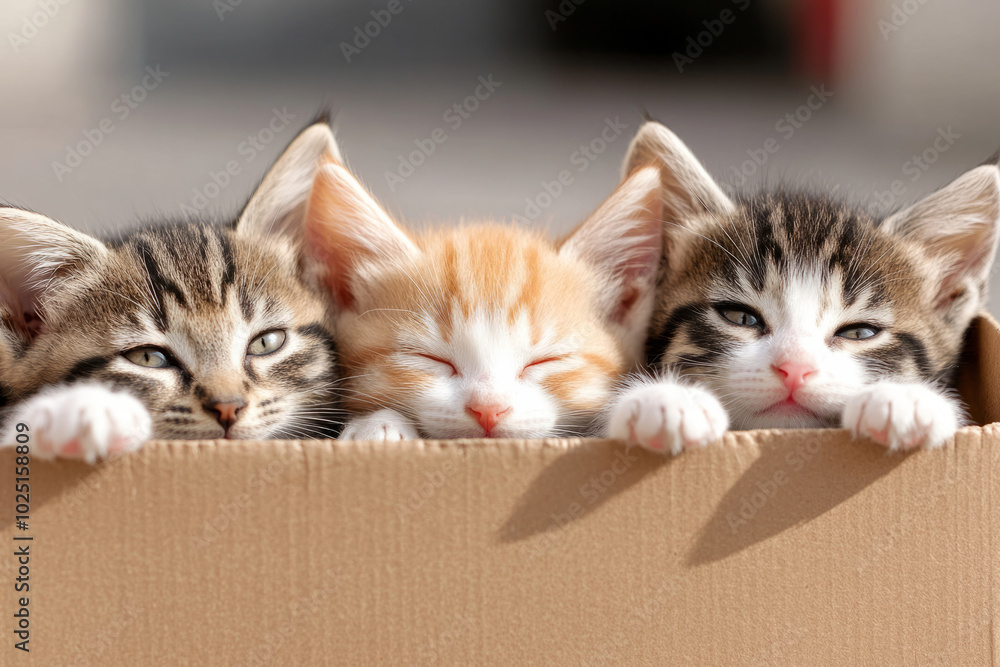 Cute kittens peek out from a cardboard box Cute kittens peek out from a cardboard box