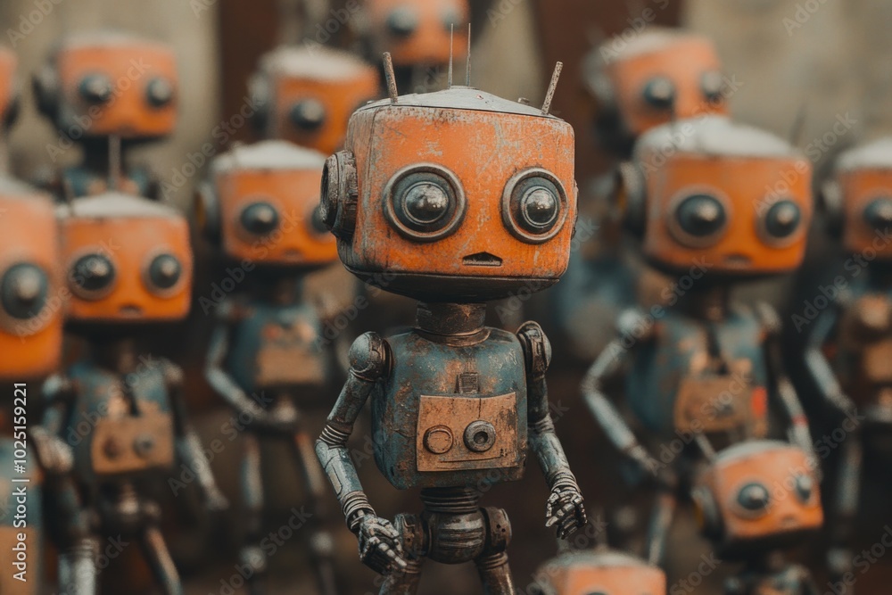 A group of small robots stand aligned next to each other, perfect for use in illustrations or designs related to technology, innovation, and futuristic themes