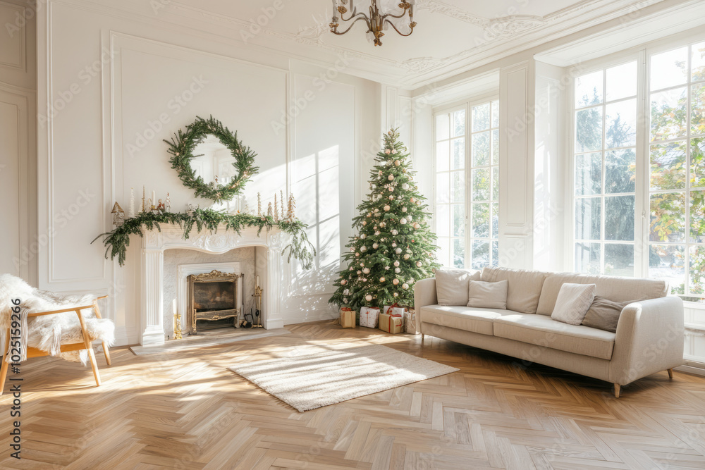 Living room with a Christmas tree, festive garlands, and classic furniture Living room with a Christmas tree, festive garlands, and classic furniture