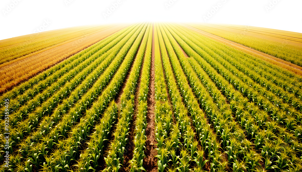 Aerial shot of cultivated soybean and corn field from drone pov isolated with white highlights, png Aerial shot of cultivated soybean and corn field from drone pov isolated with white highlights, png