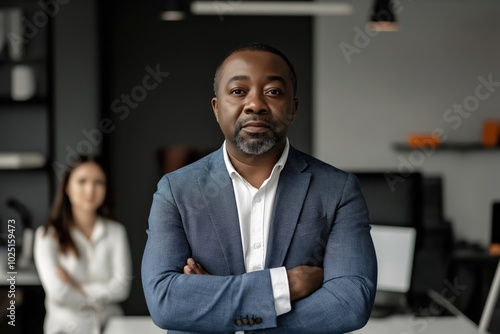 A man in a blue jacket stands in front of a woman in a white shirt. He is looking directly at the camera and has his arms crossed. The scene appears to be a professional setting