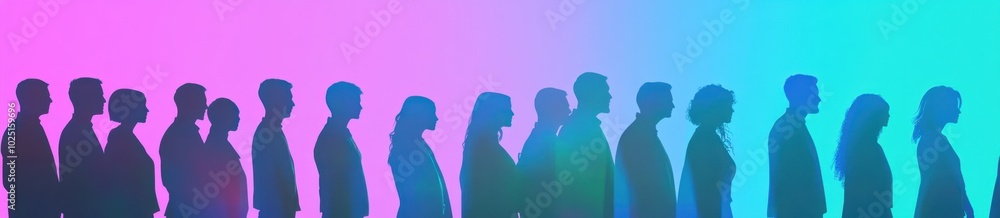 Silhouettes of people standing in line, blue background with green and purple gradient Conceptual illustration representing diversity and a multiracial group of individuals Generative AI Silhouettes of people standing in line, blue background with green and purple gradient Conceptual illustration representing diversity and a multiracial group of individuals Generative AI