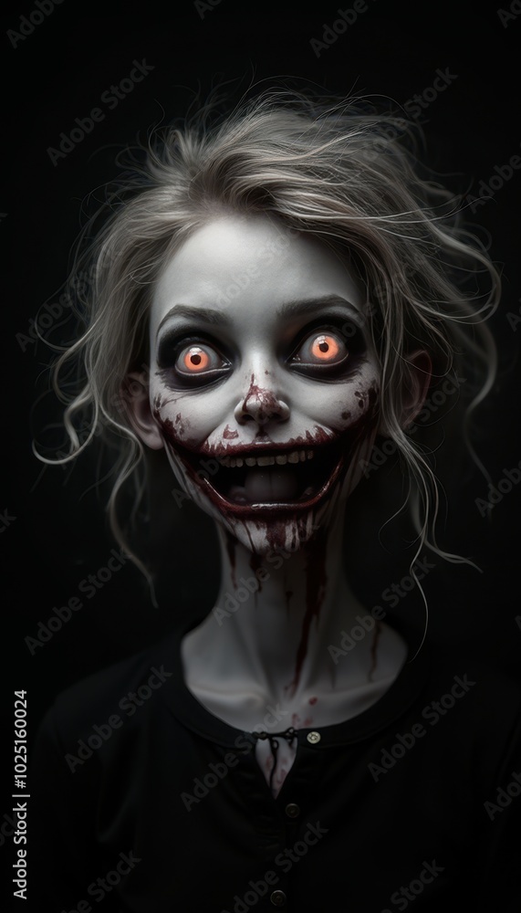 A hyperreal image of a funny girl zombie head on the right, her hair messy and eyes mismatched, set against a solid black Halloween background. A hyperreal image of a funny girl zombie head on the right, her hair messy and eyes mismatched, set against a solid black Halloween background.