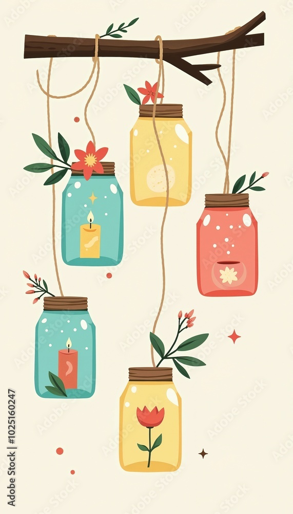 Hanging Mason Jar Lanterns with Flowers and Candles, Decorative Illustration Hanging Mason Jar Lanterns with Flowers and Candles, Decorative Illustration