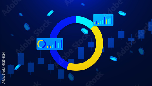 Business statistics, financial growth and investment concept with diagram, coins and candlesticks chart graph on dark blue background