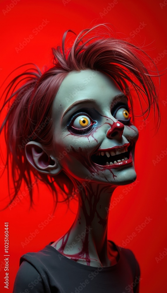 A high-quality funny girl zombie head with mismatched eyes and crazy hair on the right, set against a bright, one-color red Halloween background. A high-quality funny girl zombie head with mismatched eyes and crazy hair on the right, set against a bright, one-color red Halloween background.