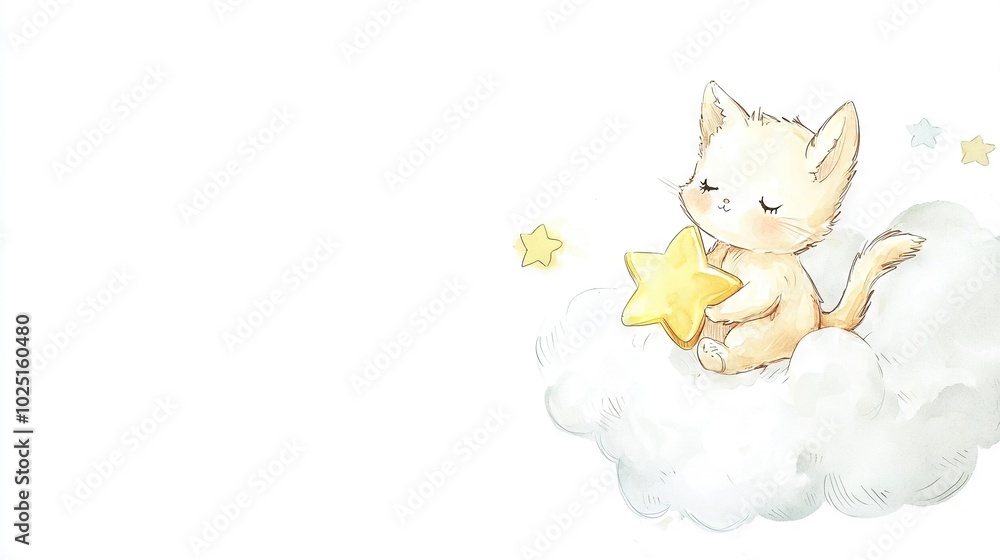 A cat perches atop a cloud, its paw holding a twinkling star against a pristine white background A cat perches atop a cloud, its paw holding a twinkling star against a pristine white background