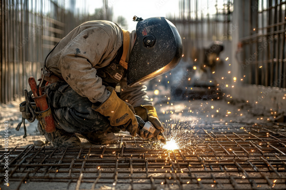 Construction worker welding metal at a building site Construction worker welding metal at a building site