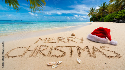 Merry Christmas Written in Sand on Tropical Beach
