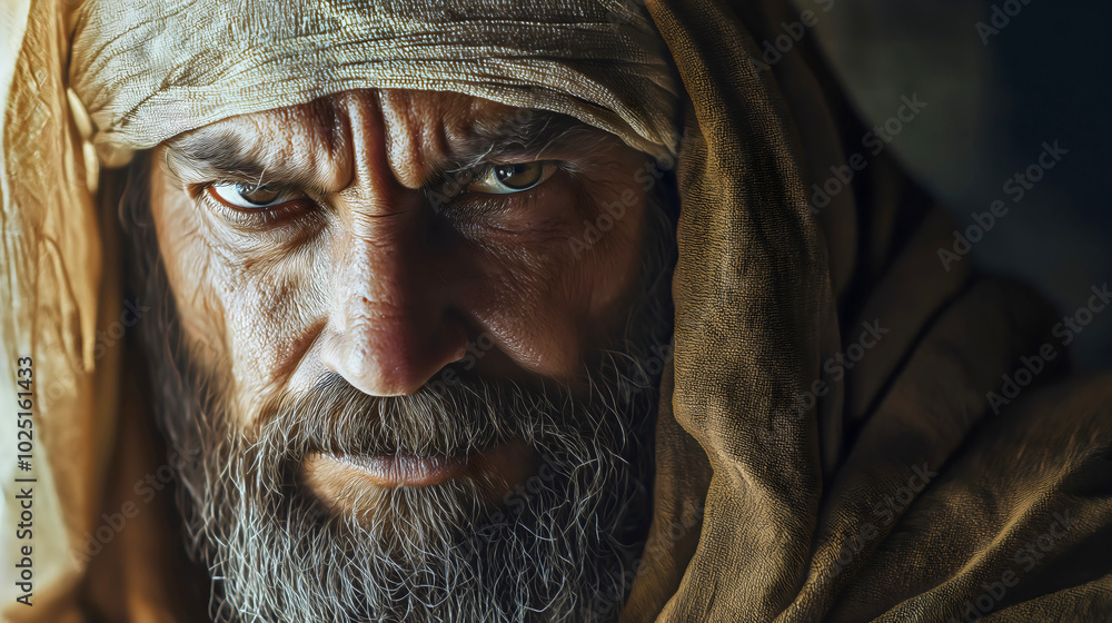A very old Pharisee with a penetrating gaze, a Pharisee from the Bible, New Testament, when the Pharisees condemned Jesus Christ. A very old Pharisee with a penetrating gaze, a Pharisee from the Bible, New Testament, when the Pharisees condemned Jesus Christ.