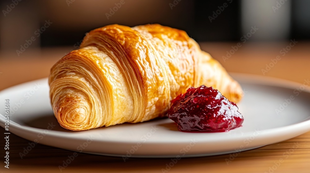 A fresh, golden croissant with a dollop of raspberry jam on a white plate. The perfect breakfast or brunch treat, symbolizing indulgence, sweetness, freshness, and a touch of luxury. A fresh, golden croissant with a dollop of raspberry jam on a white plate. The perfect breakfast or brunch treat, symbolizing indulgence, sweetness, freshness, and a touch of luxury.