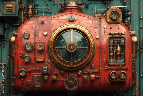 Intricate Steampunk Machinery with Vibrant Red and Bronze Hues photo