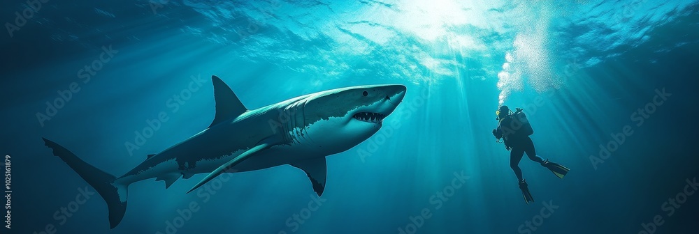 A large great white shark swims towards a diver in the deep blue ocean, showcasing the awe-inspiring power and beauty of these magnificent creatures. The diver's calm composure adds to the intensity o A large great white shark swims towards a diver in the deep blue ocean, showcasing the awe-inspiring power and beauty of these magnificent creatures. The diver's calm composure adds to the intensity o