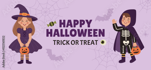 Happy Halloween banner with cute treat or treating girl and boy on purple background. Horizontal holiday party poster with kids in witch and skeleton costumes. Vector flat illustration