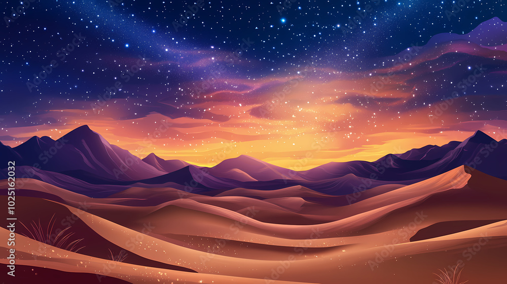 Beautiful desert landscape under a starry night sky with rolling sand dunes and vibrant twilight colors. Rolling Sand Dunes. Illustration Beautiful desert landscape under a starry night sky with rolling sand dunes and vibrant twilight colors. Rolling Sand Dunes. Illustration