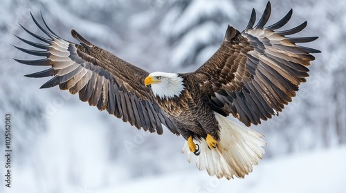 A bald eagle spreading its wings in mid-flight, isolated on white background 