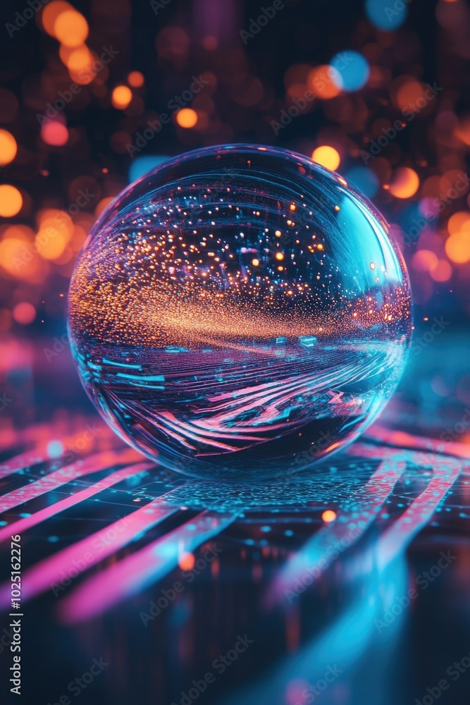 A clear glass ball sits atop a table, ready to be used in various decorative settings A clear glass ball sits atop a table, ready to be used in various decorative settings