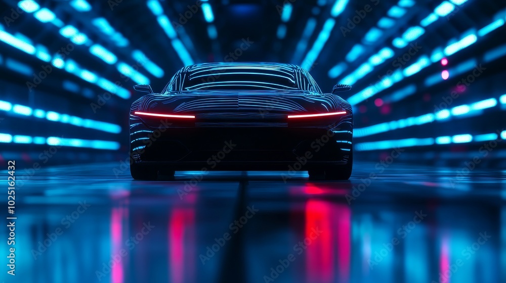 A sleek, futuristic sports car with glowing headlights is parked in a tunnel lined with vibrant blue neon lights, showcasing the car's sleek design and advanced technology. A sleek, futuristic sports car with glowing headlights is parked in a tunnel lined with vibrant blue neon lights, showcasing the car's sleek design and advanced technology.
