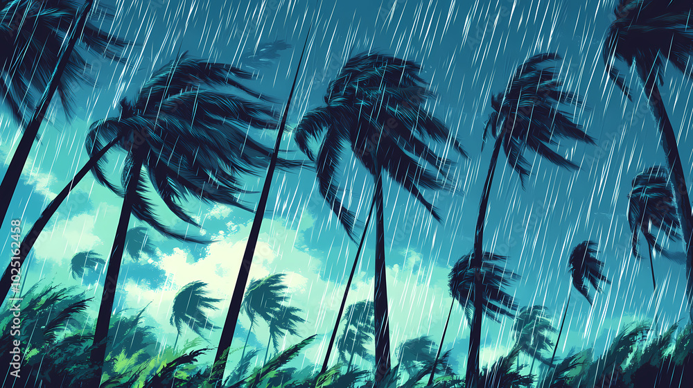Bending palm trees sway in gale force winds during tropical storm ...
