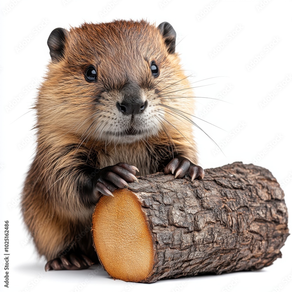 A beaver standing near a small pile of logs, isolated on white background A beaver standing near a small pile of logs, isolated on white background