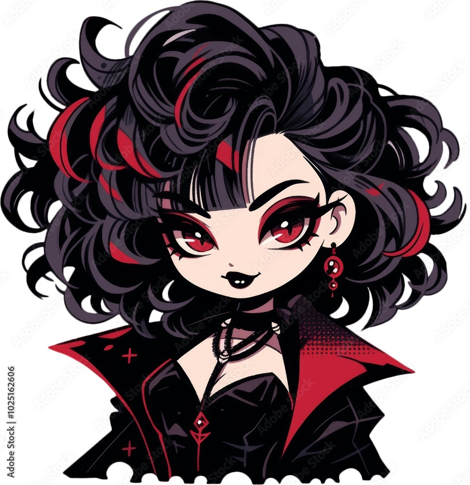 Stylized illustration of a gothic girl with voluminous curly hair, red and black accents, bold red eyes, and edgy accessories, showcasing a fierce and stylish look. Stylized illustration of a gothic girl with voluminous curly hair, red and black accents, bold red eyes, and edgy accessories, showcasing a fierce and stylish look.