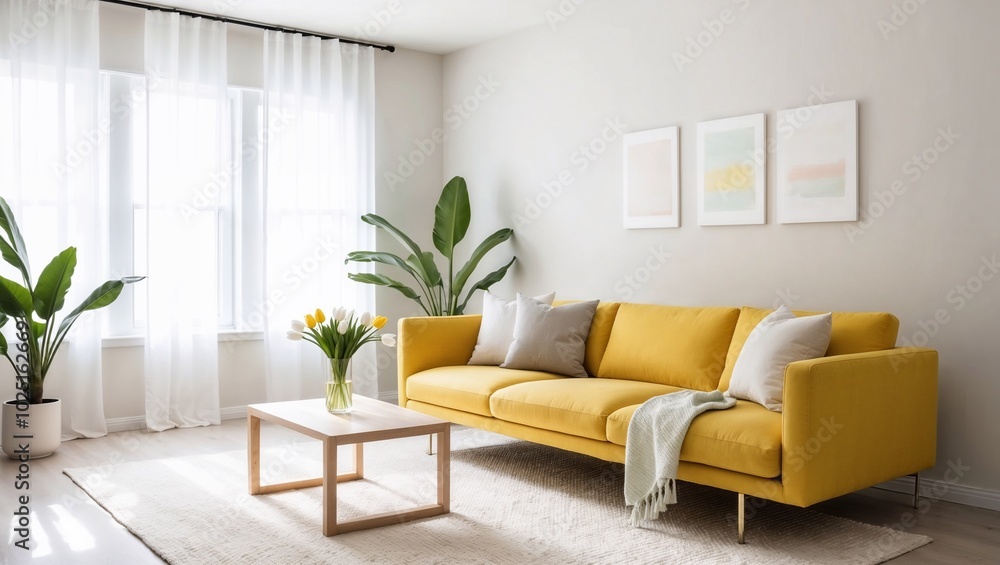 Minimalist Spring Living Room with Vibrant Yellow Sofa and Natural Accents Minimalist Spring Living Room with Vibrant Yellow Sofa and Natural Accents