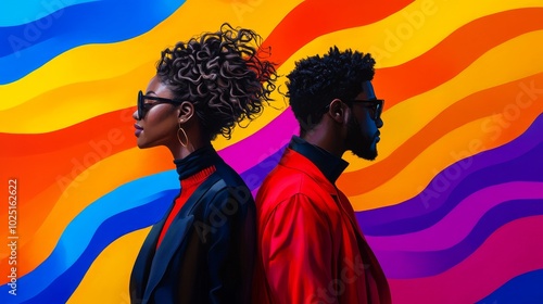 A stylish couple poses against a vibrant abstract background of colorful waves, symbolizing energy, diversity, creativity, and unity.
