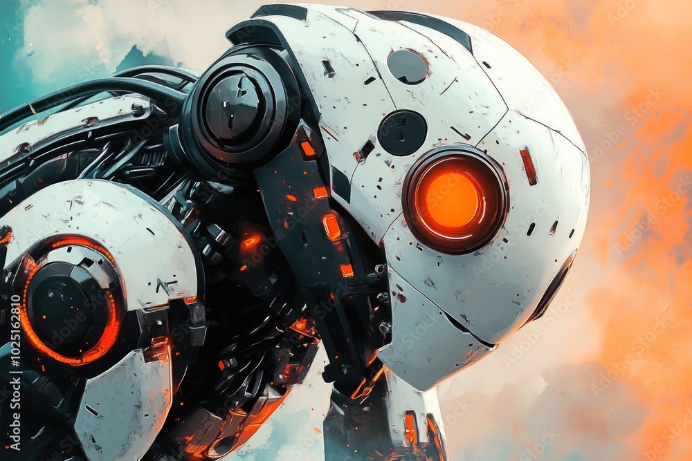 Fototapeta premium A close-up view of a robot with bright orange eyes