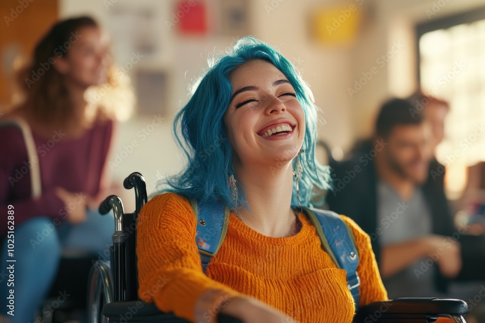 A woman with vibrant blue hair sits comfortably in a wheelchair, ready for her next adventure A woman with vibrant blue hair sits comfortably in a wheelchair, ready for her next adventure