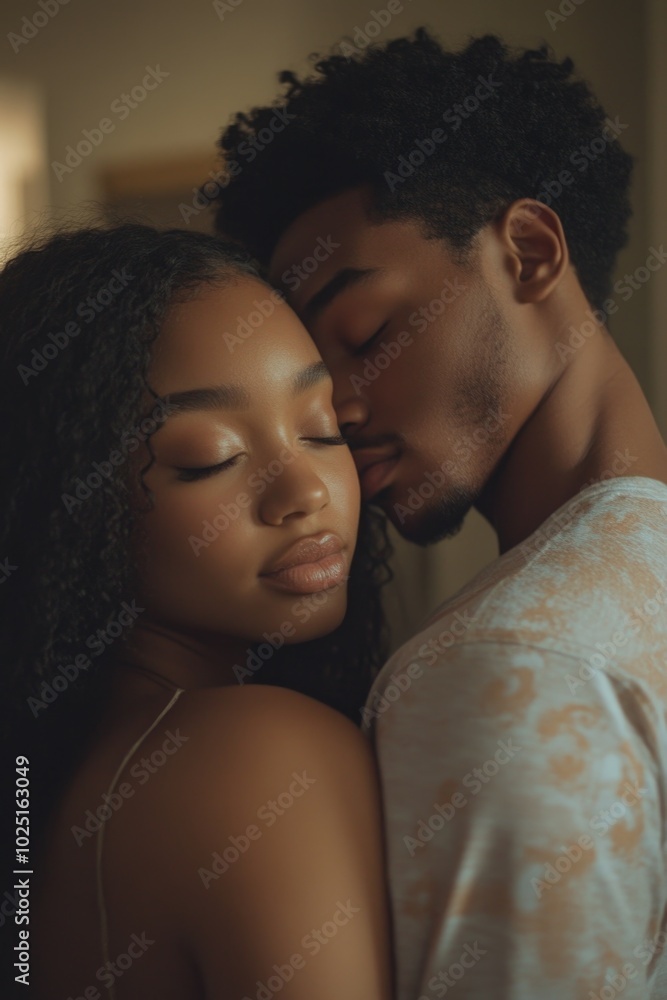 A pair of lovers embracing in a warm and intimate setting A pair of lovers embracing in a warm and intimate setting