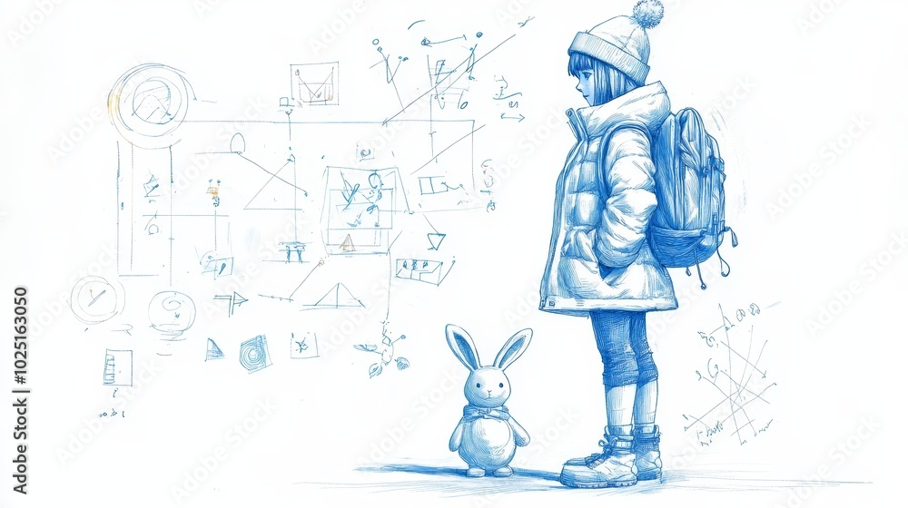 A young girl dressed warmly stands with her backpack, a symbol of journey, and a soft, plush rabbit, representing companionship and innocence. The background is filled with geometric shapes and lines, A young girl dressed warmly stands with her backpack, a symbol of journey, and a soft, plush rabbit, representing companionship and innocence. The background is filled with geometric shapes and lines,