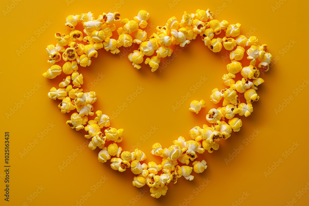 A heart made of popcorn on a yellow background A heart made of popcorn on a yellow background