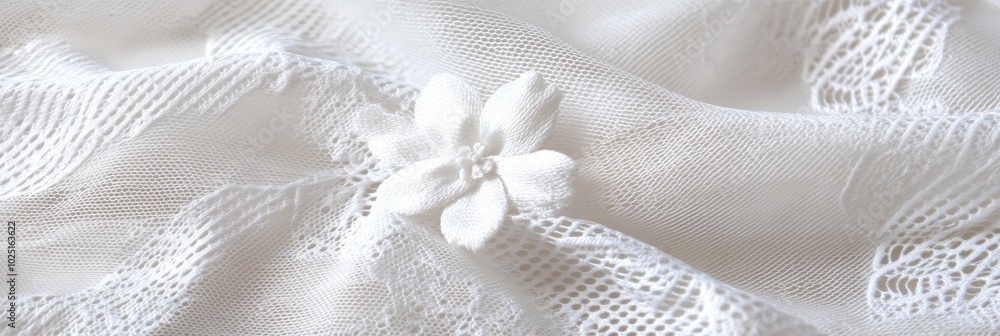 Delicate white lace fabric with a single white flower accent, symbolizing purity, elegance, romance, and beauty. Delicate white lace fabric with a single white flower accent, symbolizing purity, elegance, romance, and beauty.