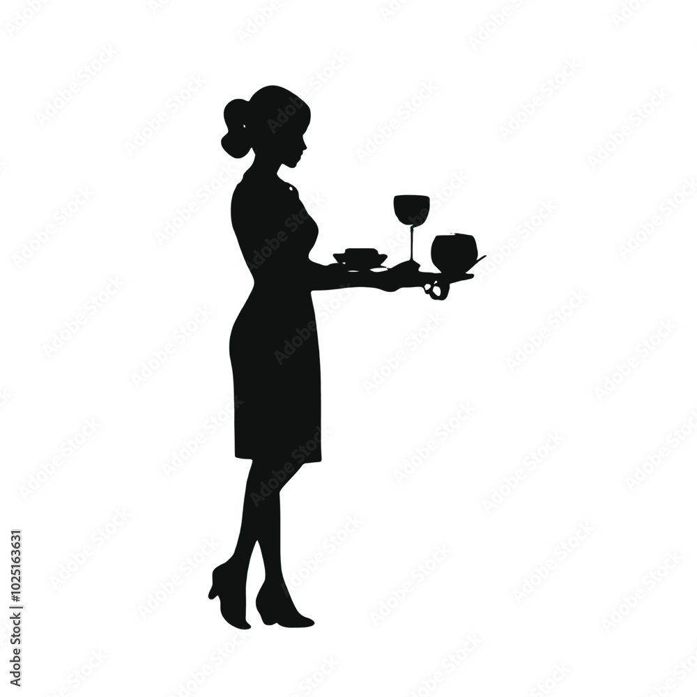 A silhouette of a woman holding a tray with two wine glasses A silhouette of a woman holding a tray with two wine glasses